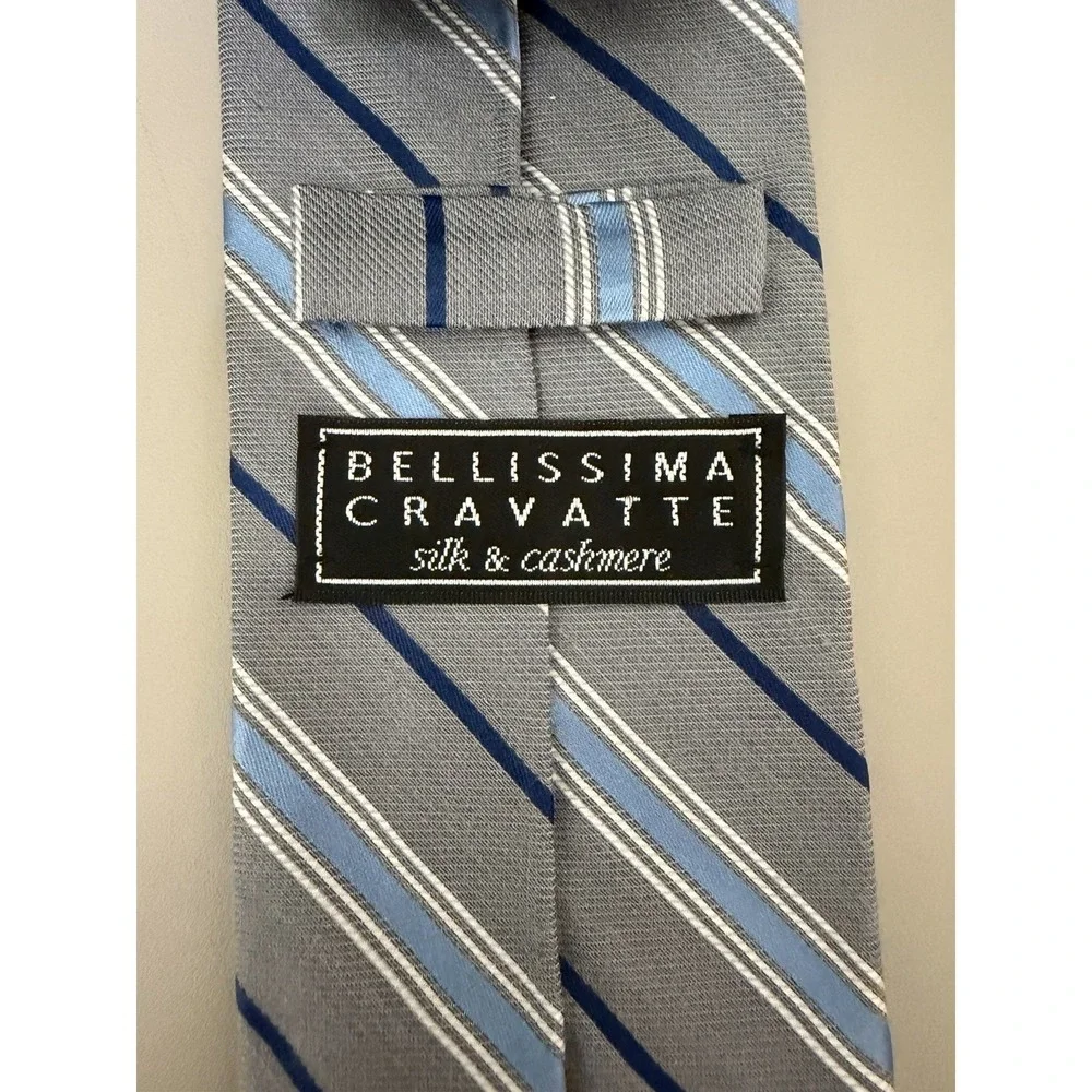 Bellissima Cravatte Cashmere Silk Blend Necktie Tie Striped Gray Blue Classic